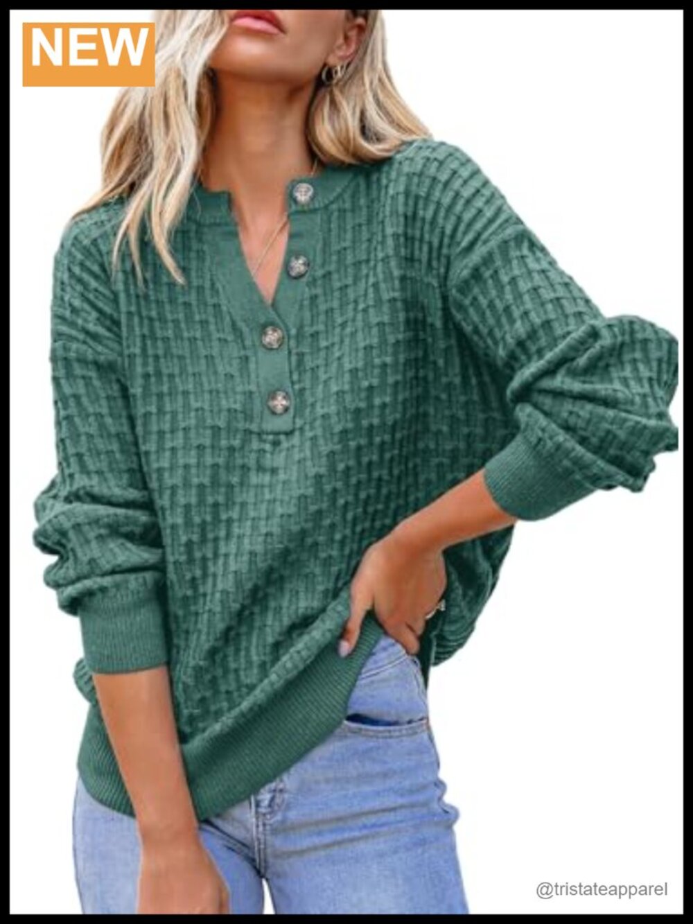 Women's Casual Long Sleeve V-Neck Button Pullover Sweater Loose Fit Textured